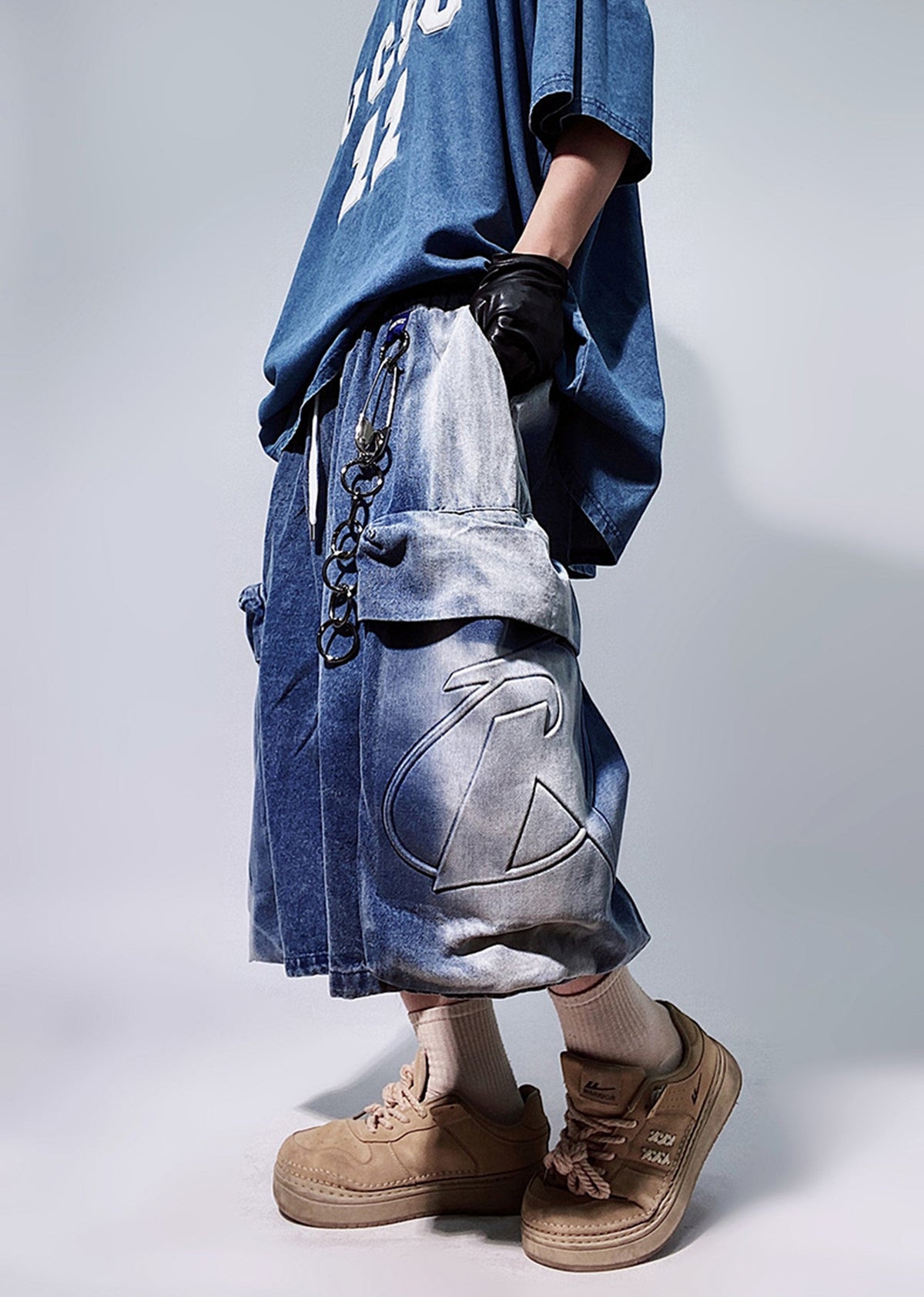 Line washed wide silhouette street short denim pants  OR0001