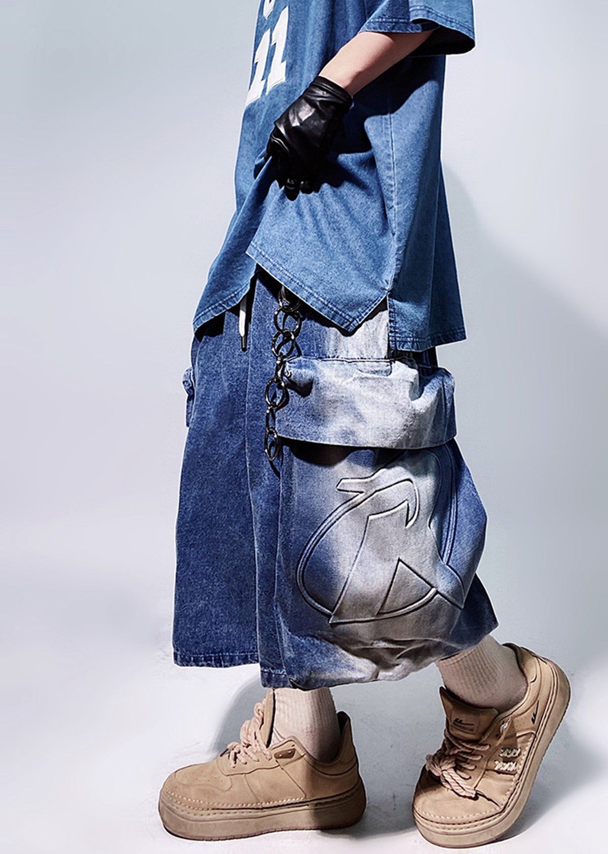 Line washed wide silhouette street short denim pants  OR0001