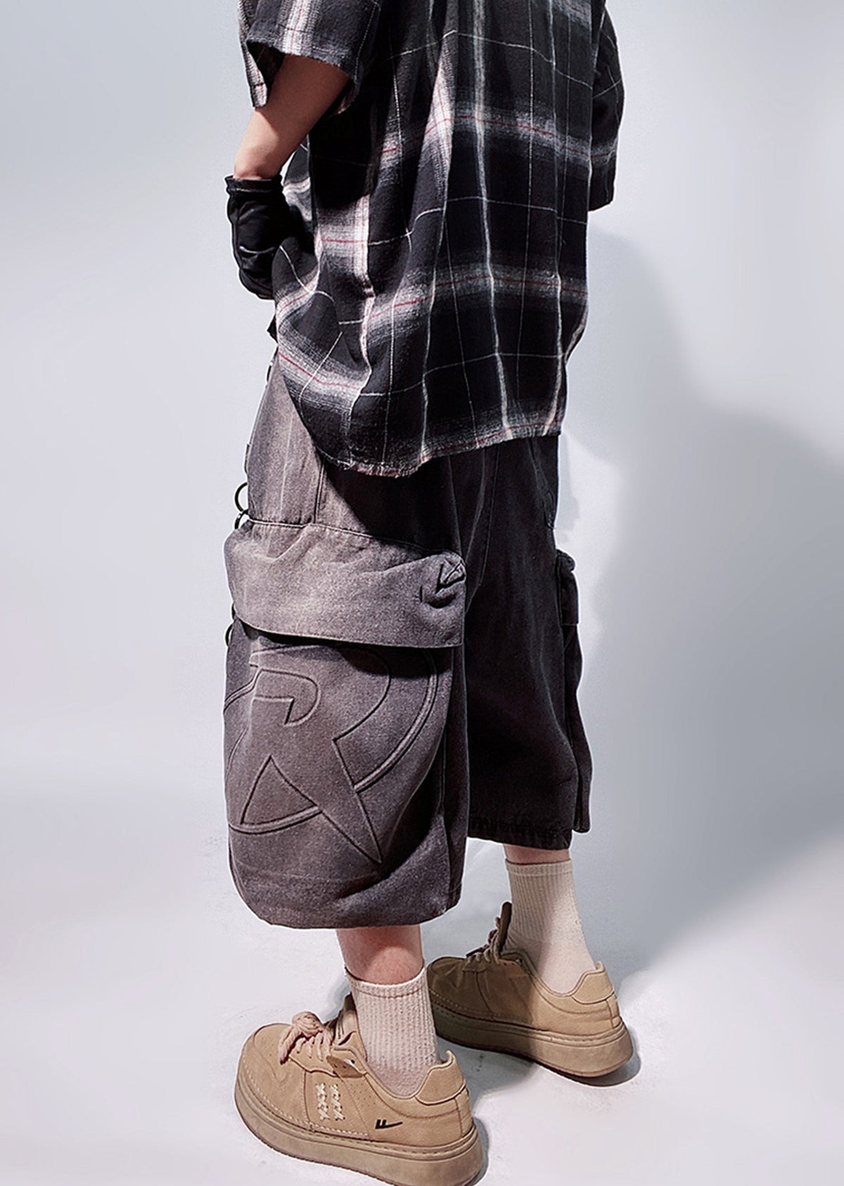 Line washed wide silhouette street short denim pants  OR0001