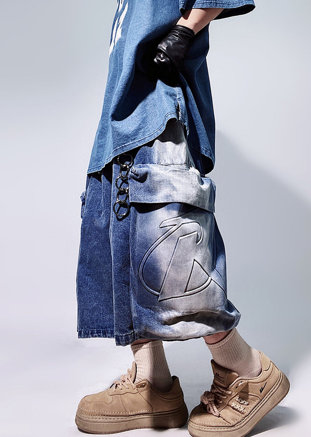 Line washed wide silhouette street short denim pants  OR0001