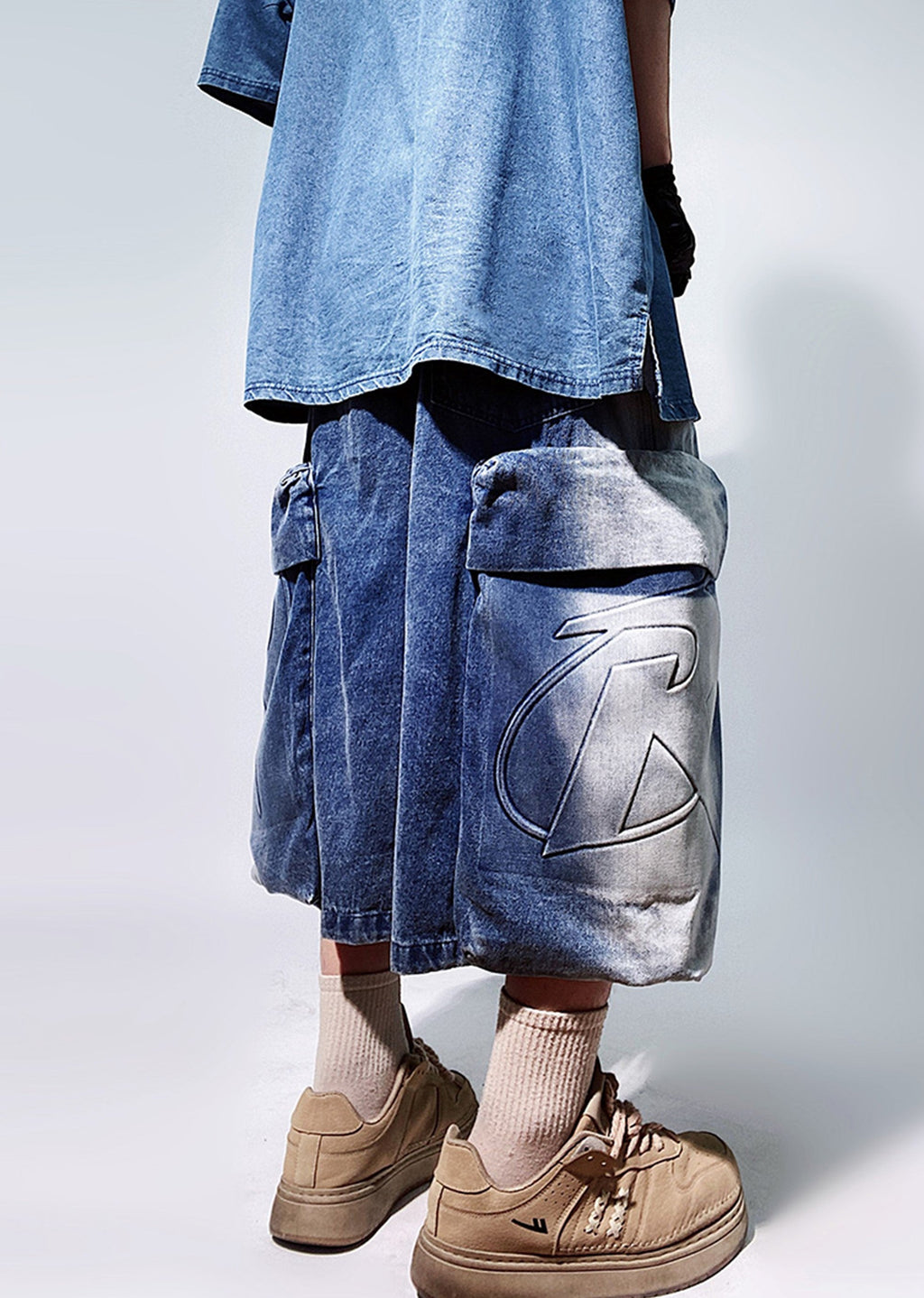 Line washed wide silhouette street short denim pants  OR0001