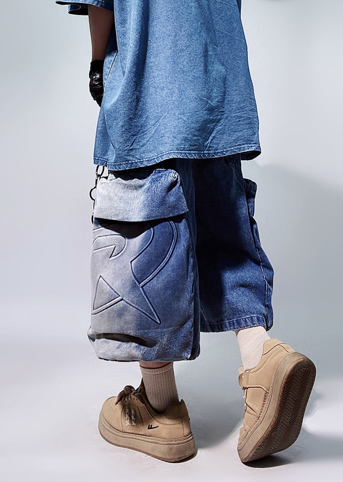 Line washed wide silhouette street short denim pants  OR0001