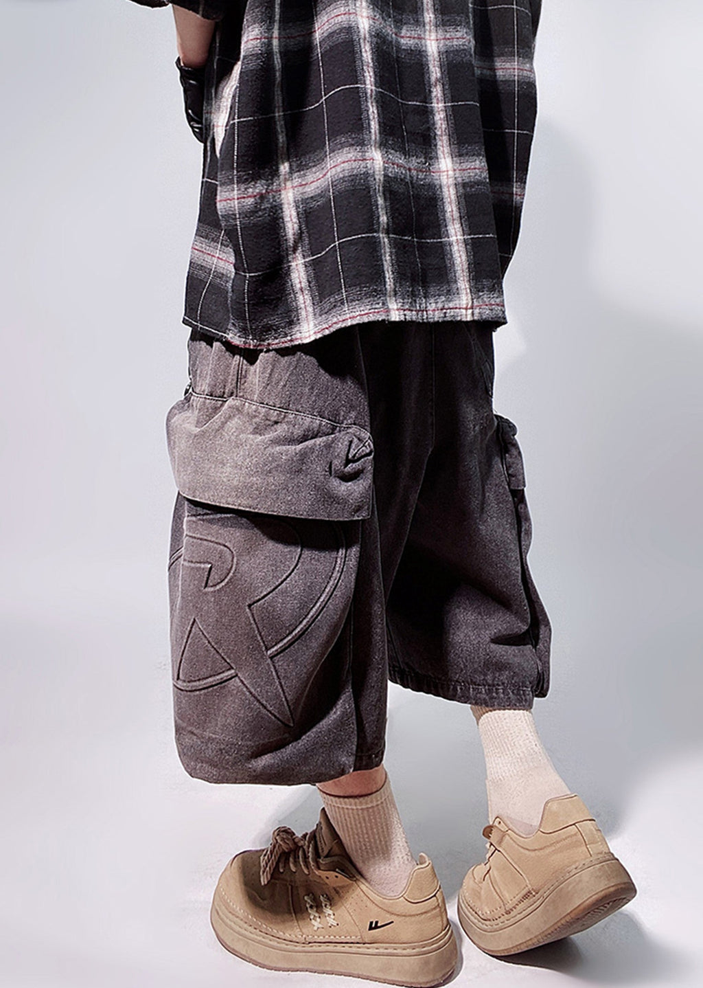 Line washed wide silhouette street short denim pants  OR0001