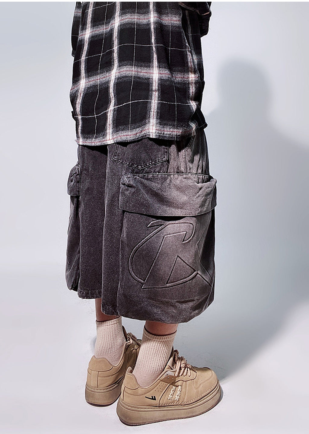 Line washed wide silhouette street short denim pants  OR0001