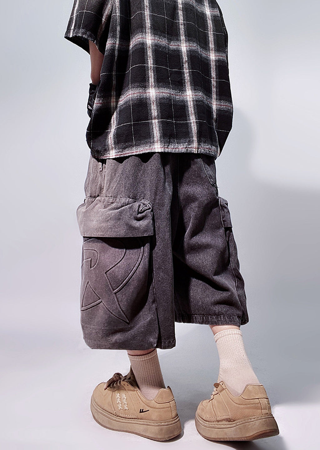Line washed wide silhouette street short denim pants  OR0001