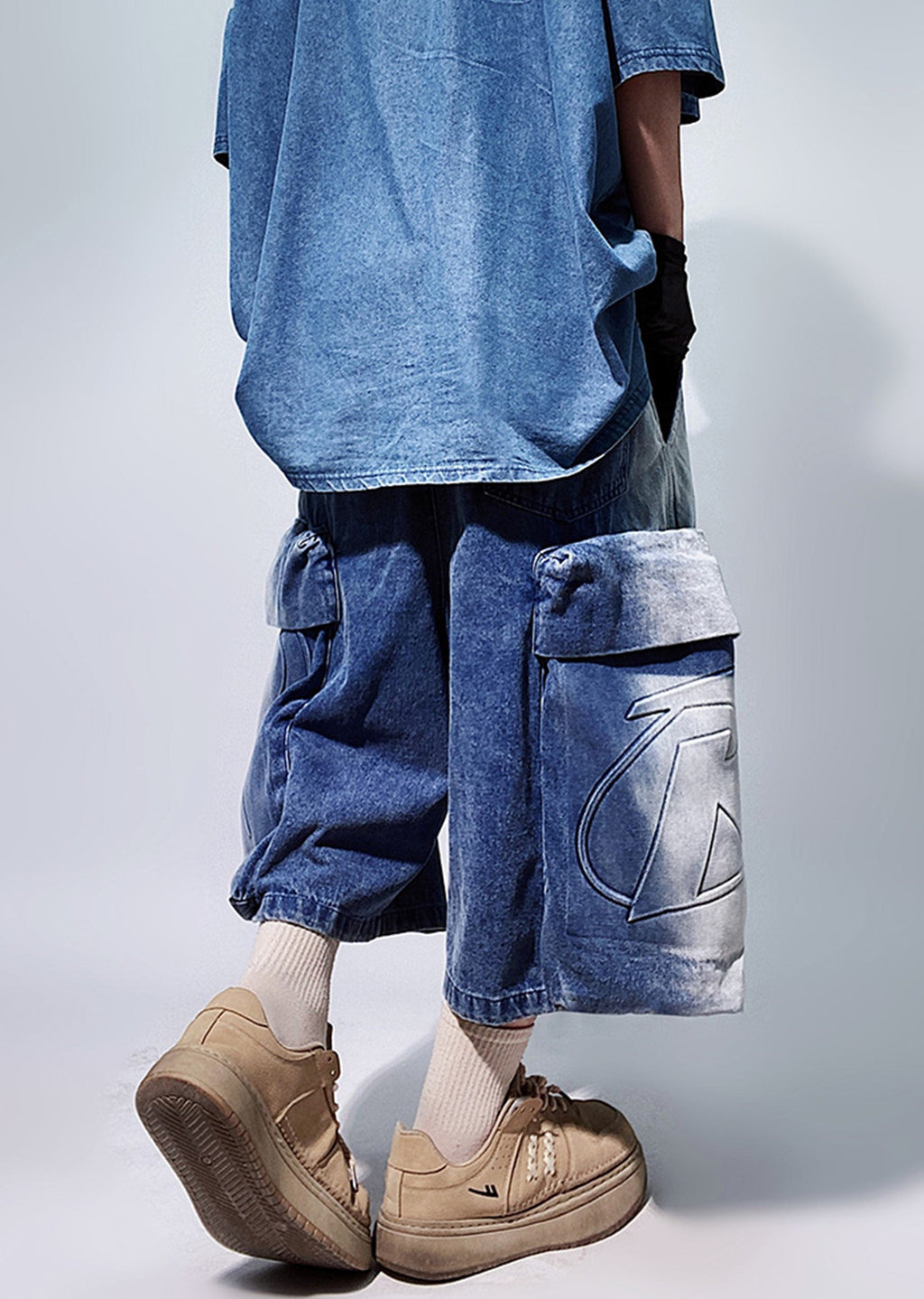 Line washed wide silhouette street short denim pants  OR0001