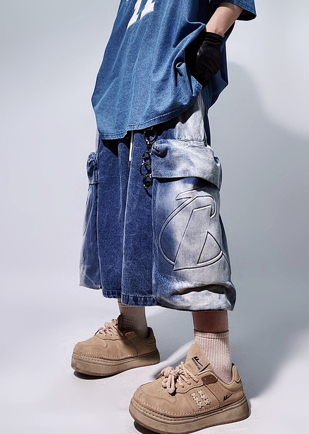 Line washed wide silhouette street short denim pants  OR0001