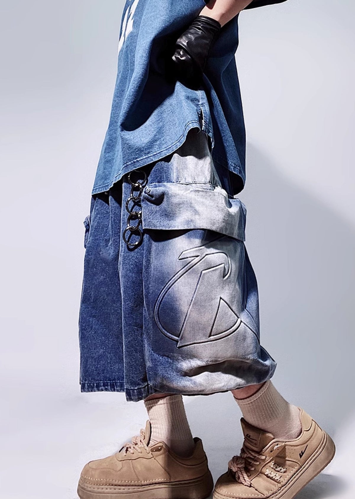 Line washed wide silhouette street short denim pants  OR0001