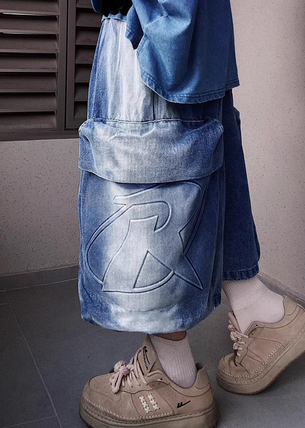 Line washed wide silhouette street short denim pants  OR0001