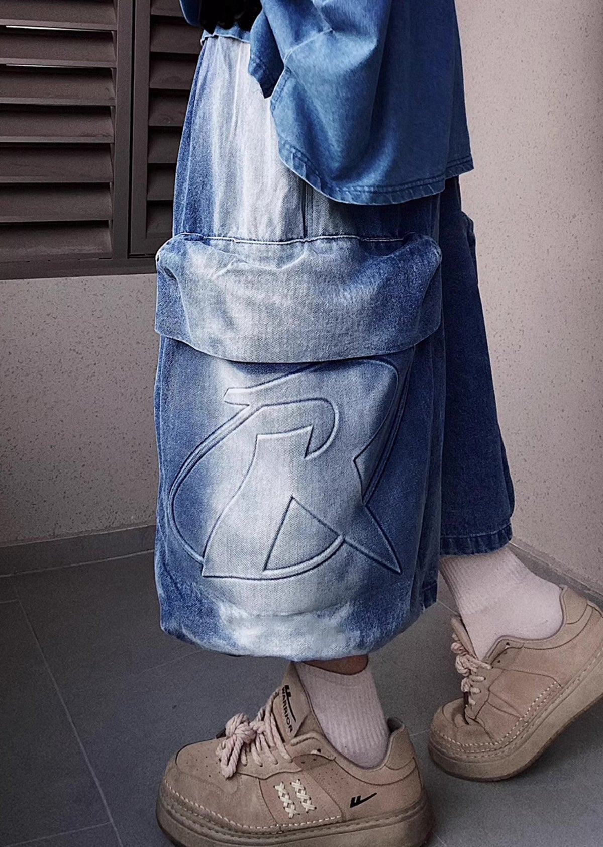 Line washed wide silhouette street short denim pants  OR0001