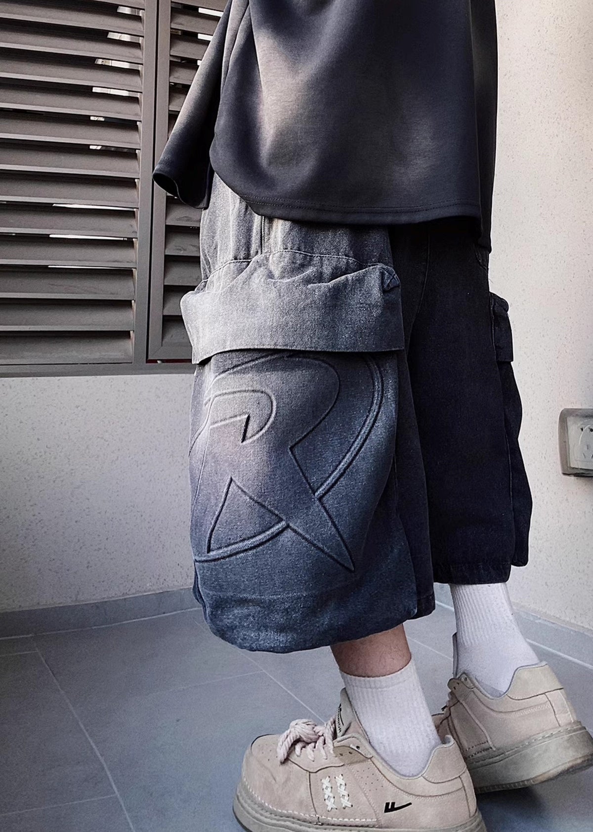 Line washed wide silhouette street short denim pants  OR0001