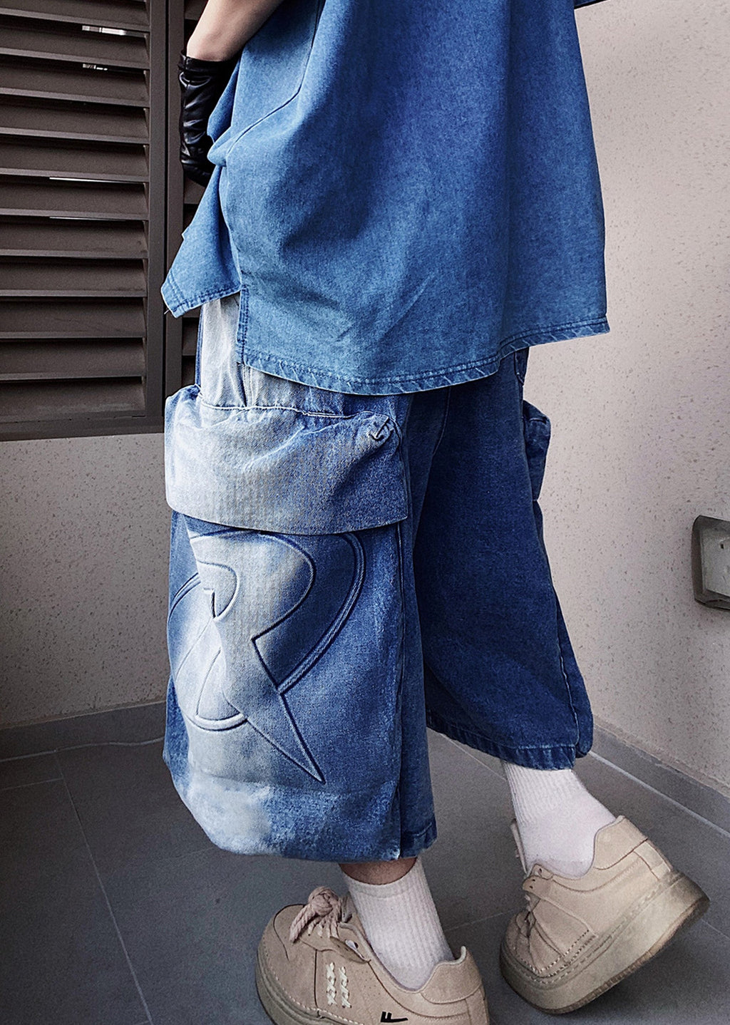 Line washed wide silhouette street short denim pants  OR0001