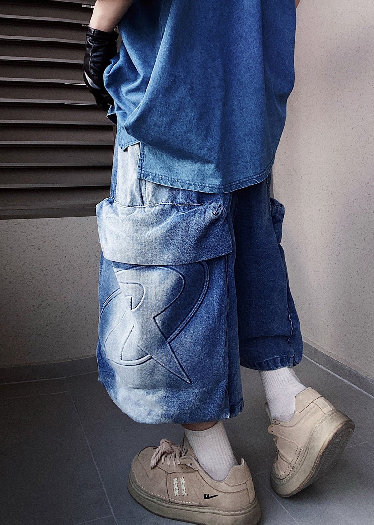Line washed wide silhouette street short denim pants  OR0001