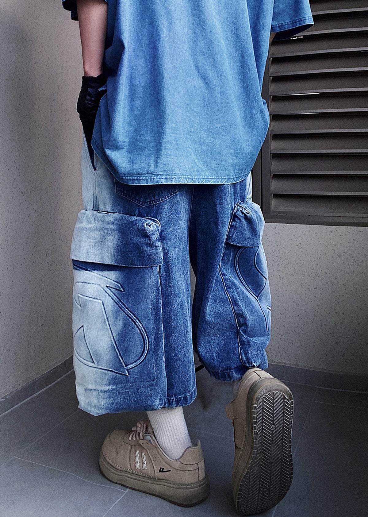 Line washed wide silhouette street short denim pants  OR0001