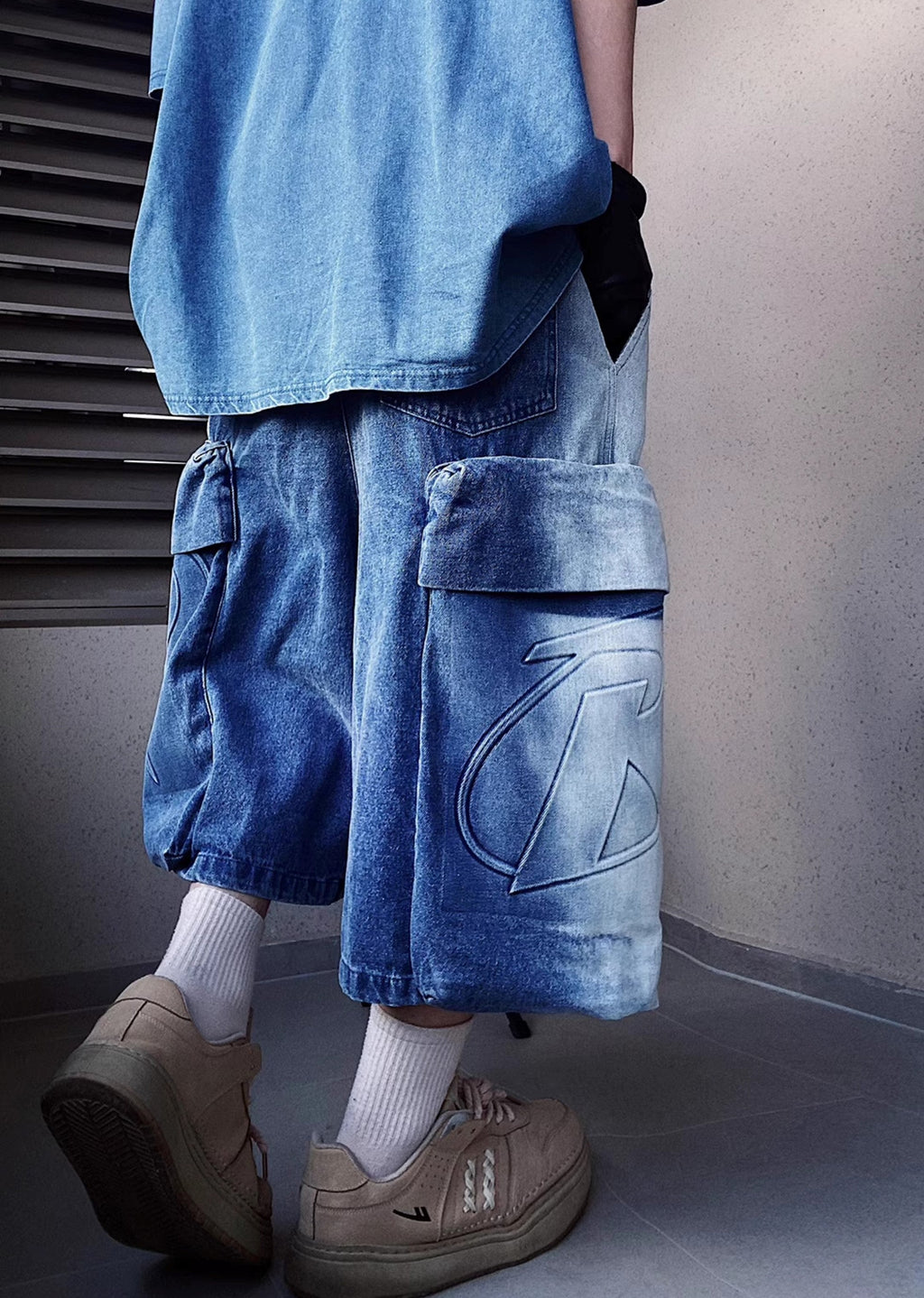 Line washed wide silhouette street short denim pants  OR0001