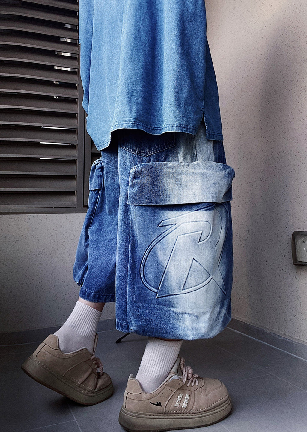 Line washed wide silhouette street short denim pants  OR0001