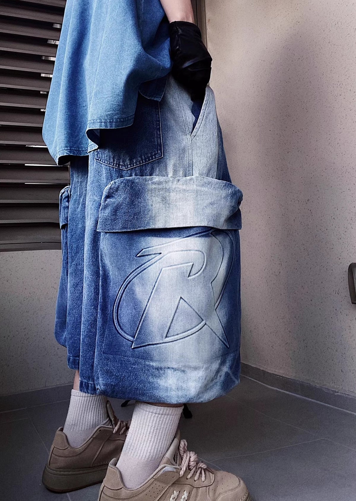 Line washed wide silhouette street short denim pants  OR0001