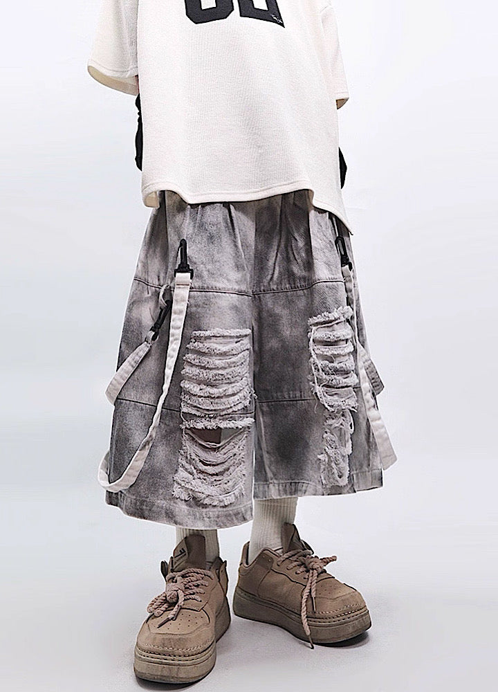 Fully distressed dull grey base suspender denim pants  OR0002