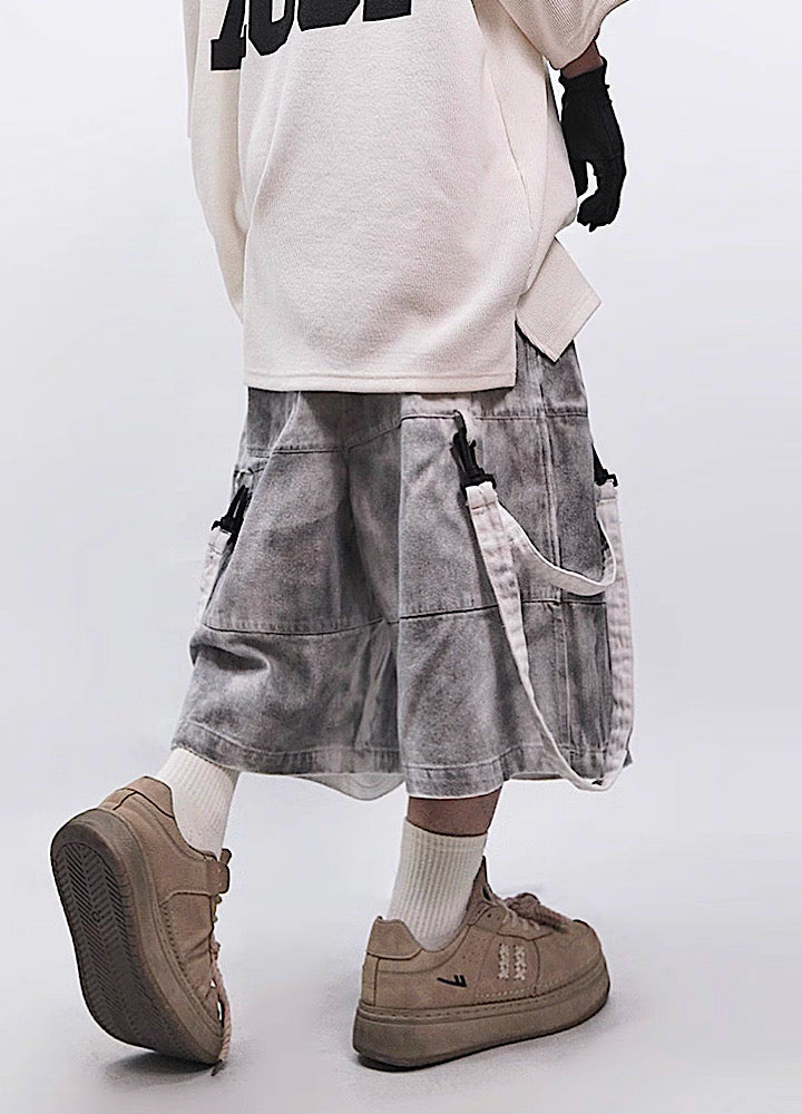 Fully distressed dull grey base suspender denim pants  OR0002