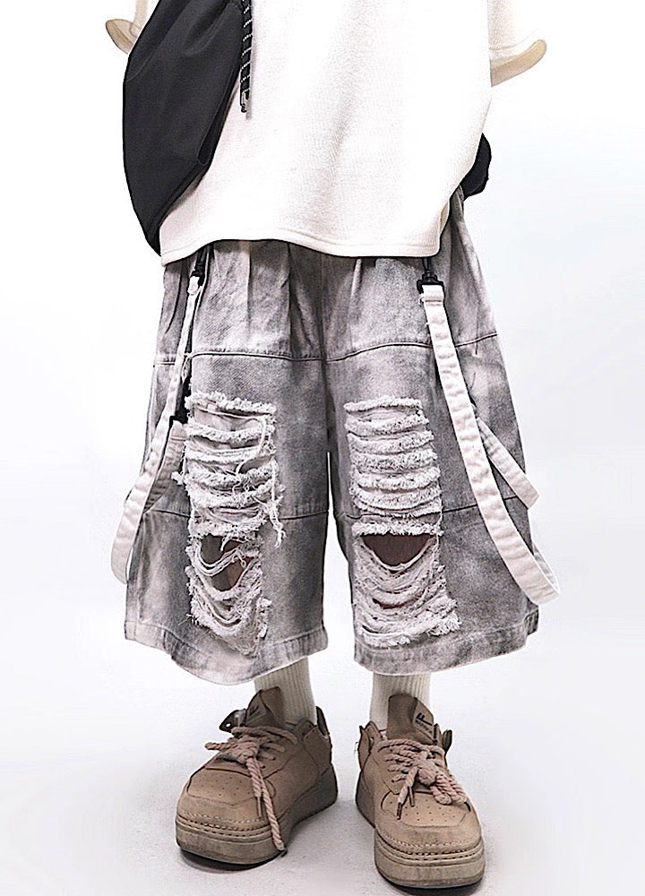 Fully distressed dull grey base suspender denim pants  OR0002
