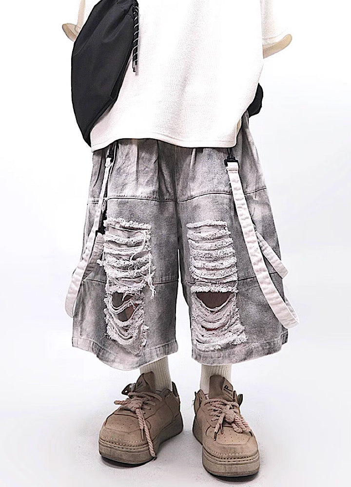 Fully distressed dull grey base suspender denim pants  OR0002