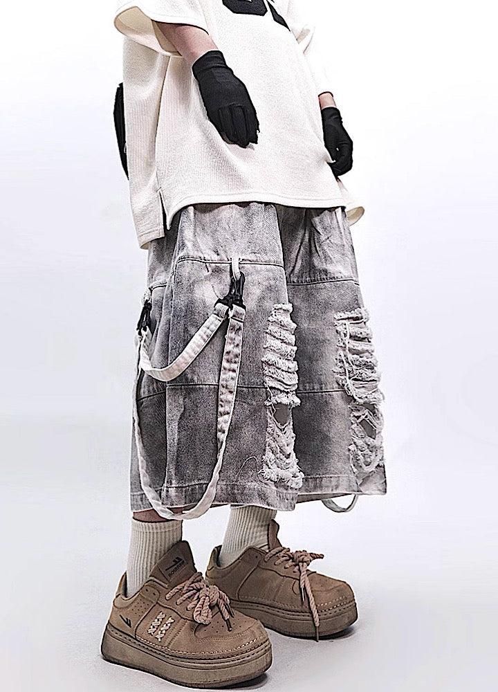 Fully distressed dull grey base suspender denim pants  OR0002