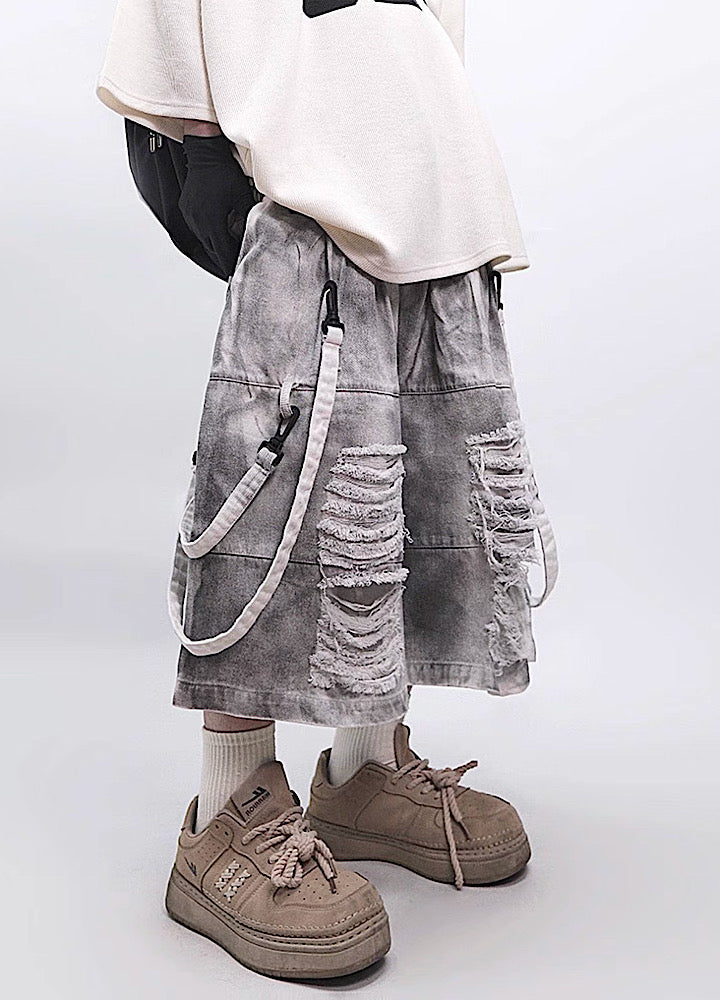 Fully distressed dull grey base suspender denim pants  OR0002