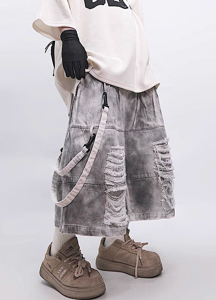 Fully distressed dull grey base suspender denim pants  OR0002