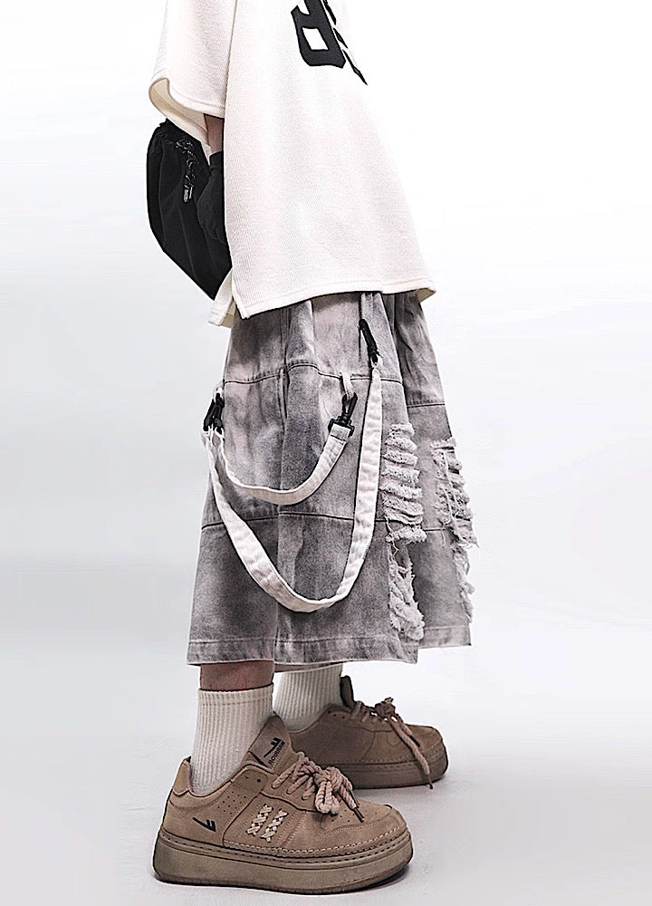 Fully distressed dull grey base suspender denim pants  OR0002