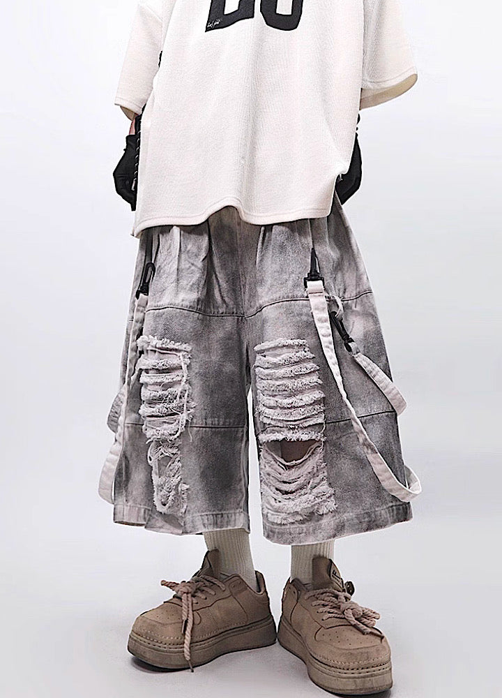Fully distressed dull grey base suspender denim pants  OR0002