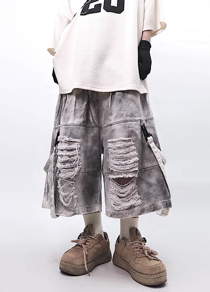 Fully distressed dull grey base suspender denim pants  OR0002