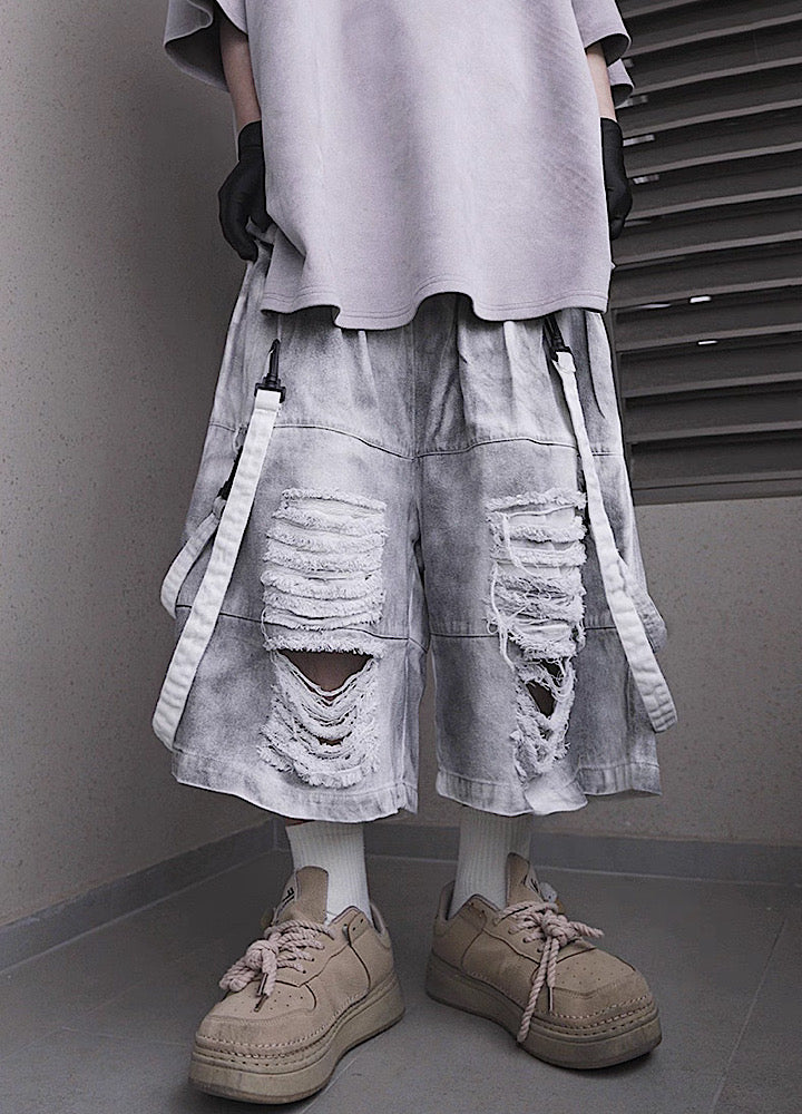 Fully distressed dull grey base suspender denim pants  OR0002
