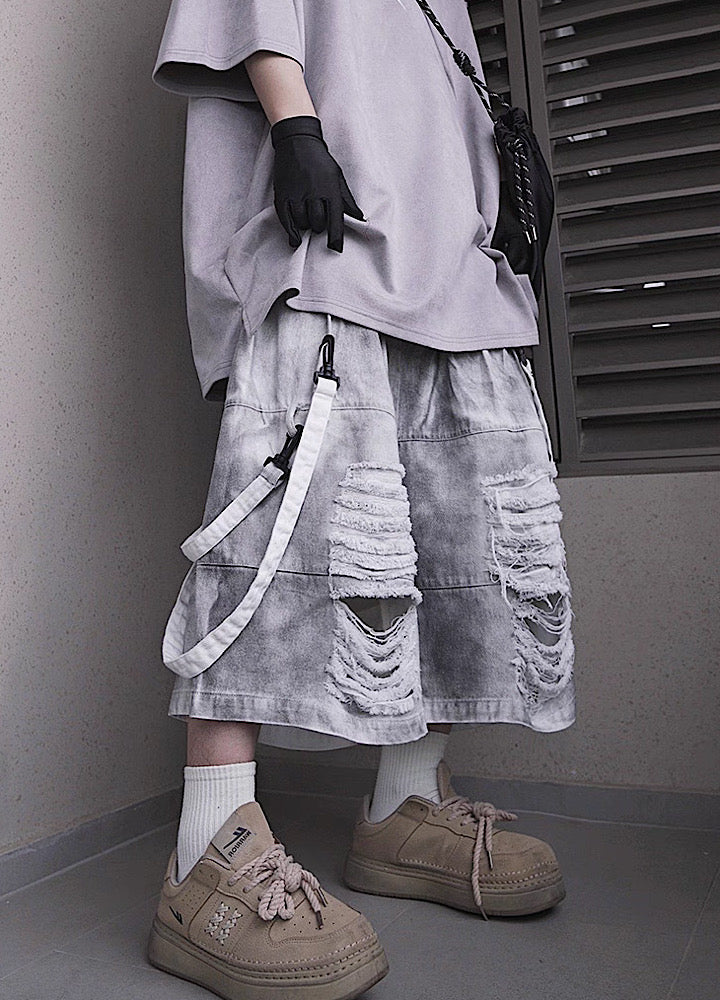 Fully distressed dull grey base suspender denim pants  OR0002