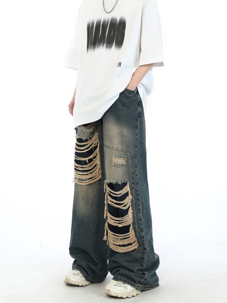 Fake hole damage wide denim pants  OR0007