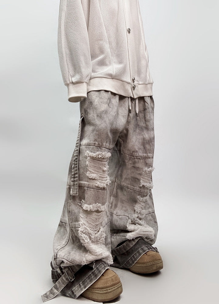 Mid-distressed vintage color wide pants  OR0011