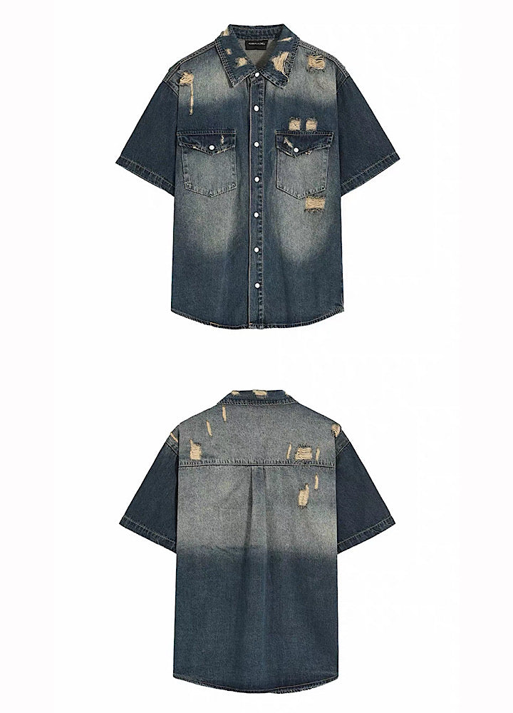 Vintage-like washed and distressed denim short-sleeved shirt  OR0016