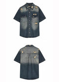 Vintage-like washed and distressed denim short-sleeved shirt  OR0016
