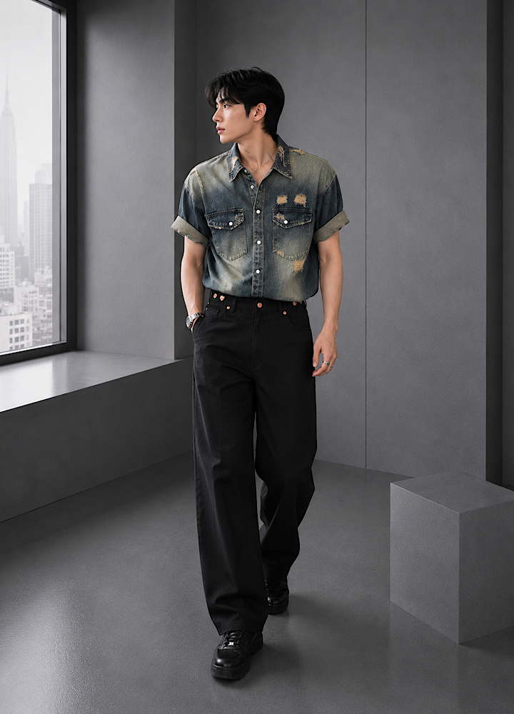 Vintage-like washed and distressed denim short-sleeved shirt  OR0016