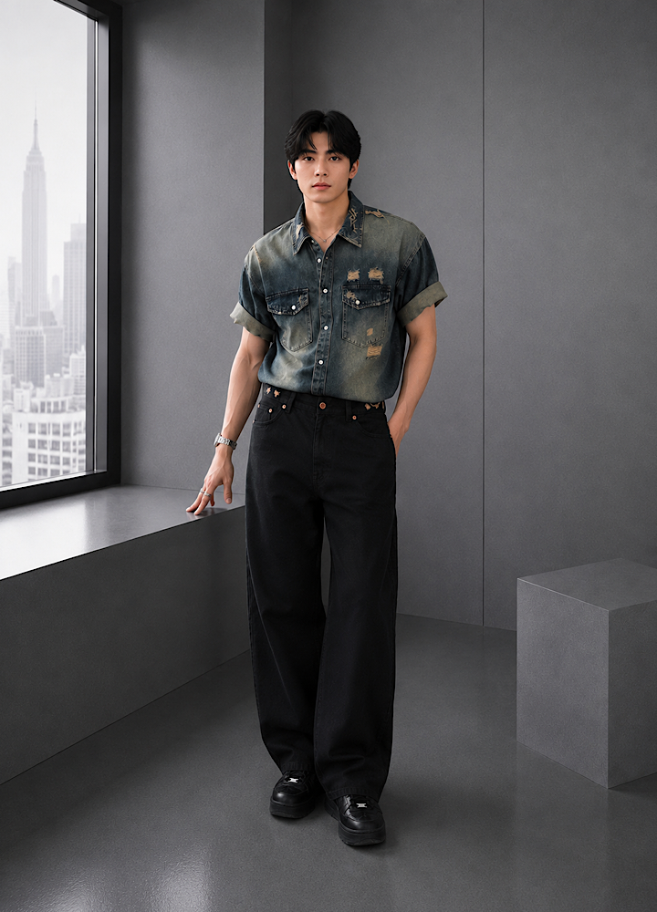 Vintage-like washed and distressed denim short-sleeved shirt  OR0016