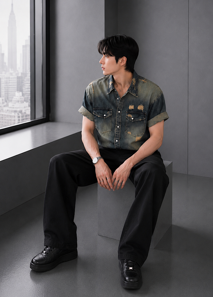 Vintage-like washed and distressed denim short-sleeved shirt  OR0016