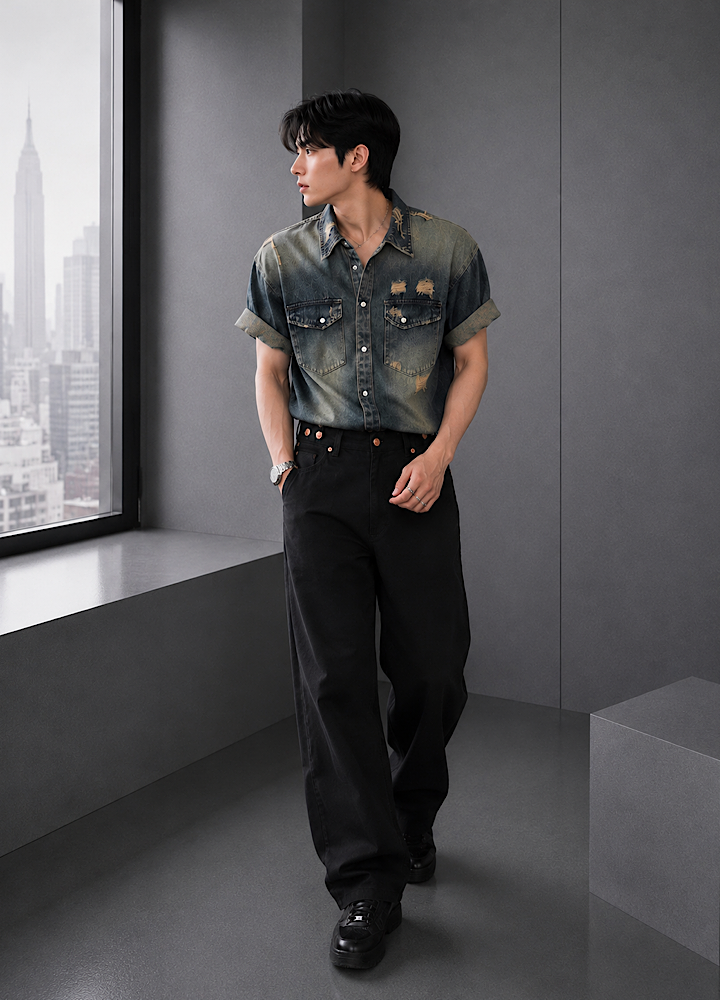 Vintage-like washed and distressed denim short-sleeved shirt  OR0016