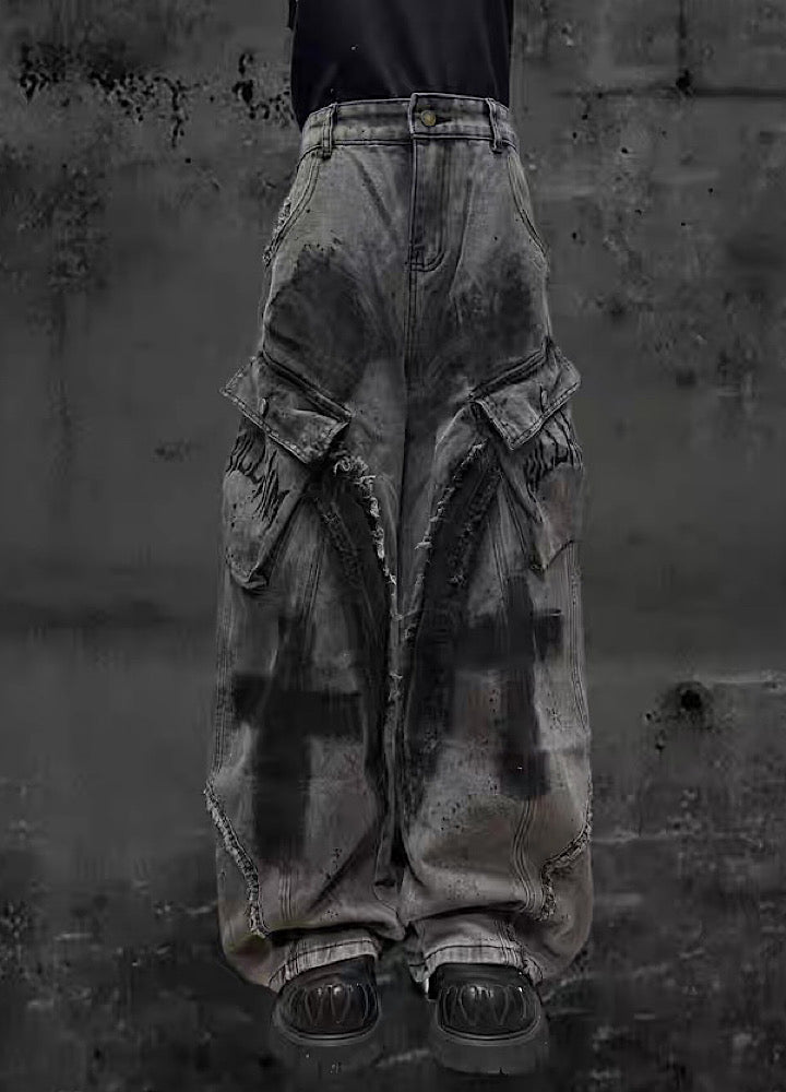 Cross painted double design dull gray cargo denim pants  OR0018