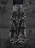 Cross painted double design dull gray cargo denim pants  OR0018