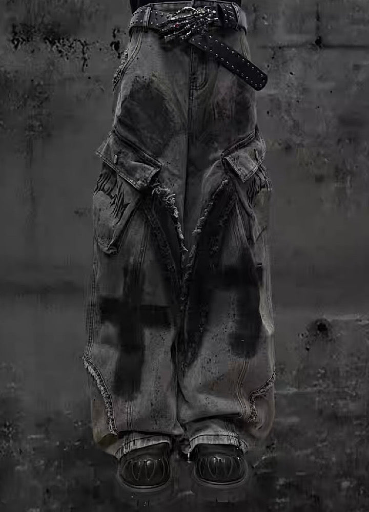 Cross painted double design dull gray cargo denim pants  OR0018