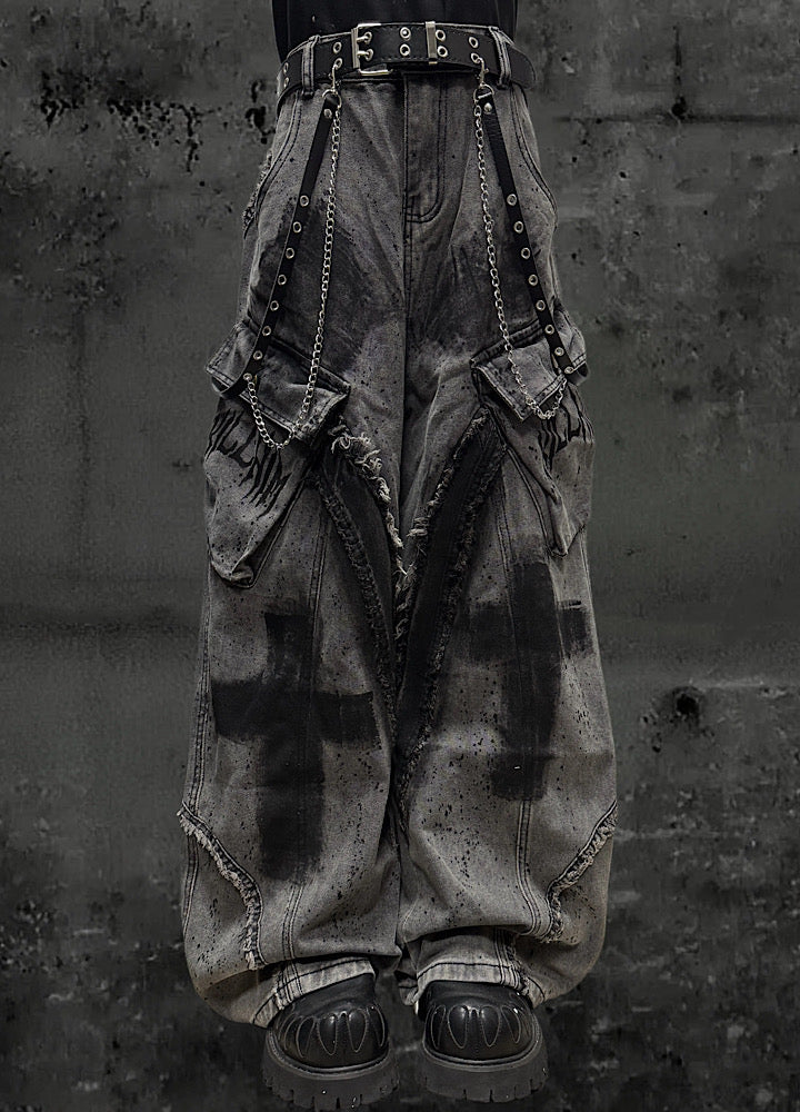 Cross painted double design dull gray cargo denim pants  OR0018
