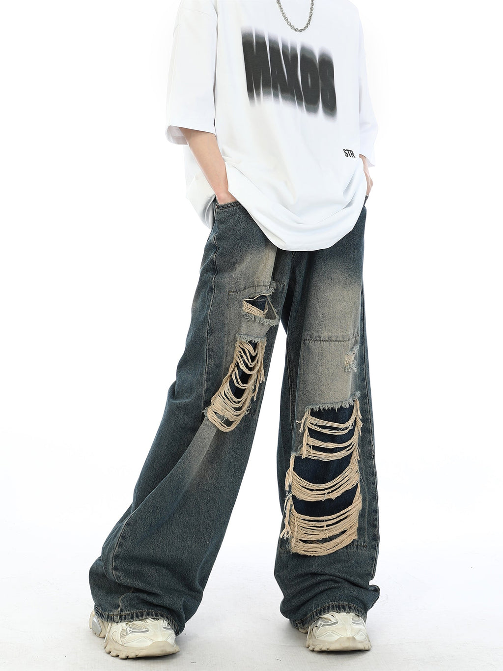 Damage Straight Washed Denim Pants  OR0030