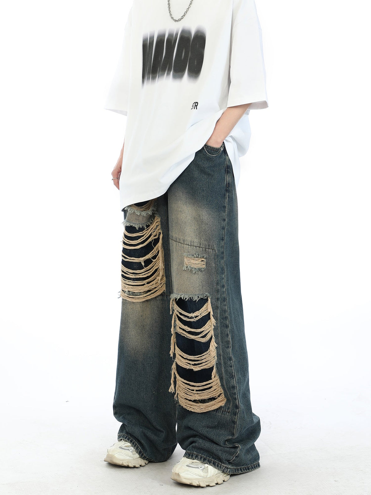 Damage Straight Washed Denim Pants  OR0030