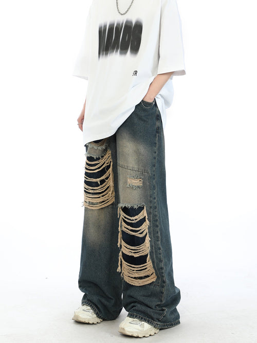 Damage Straight Washed Denim Pants  OR0030
