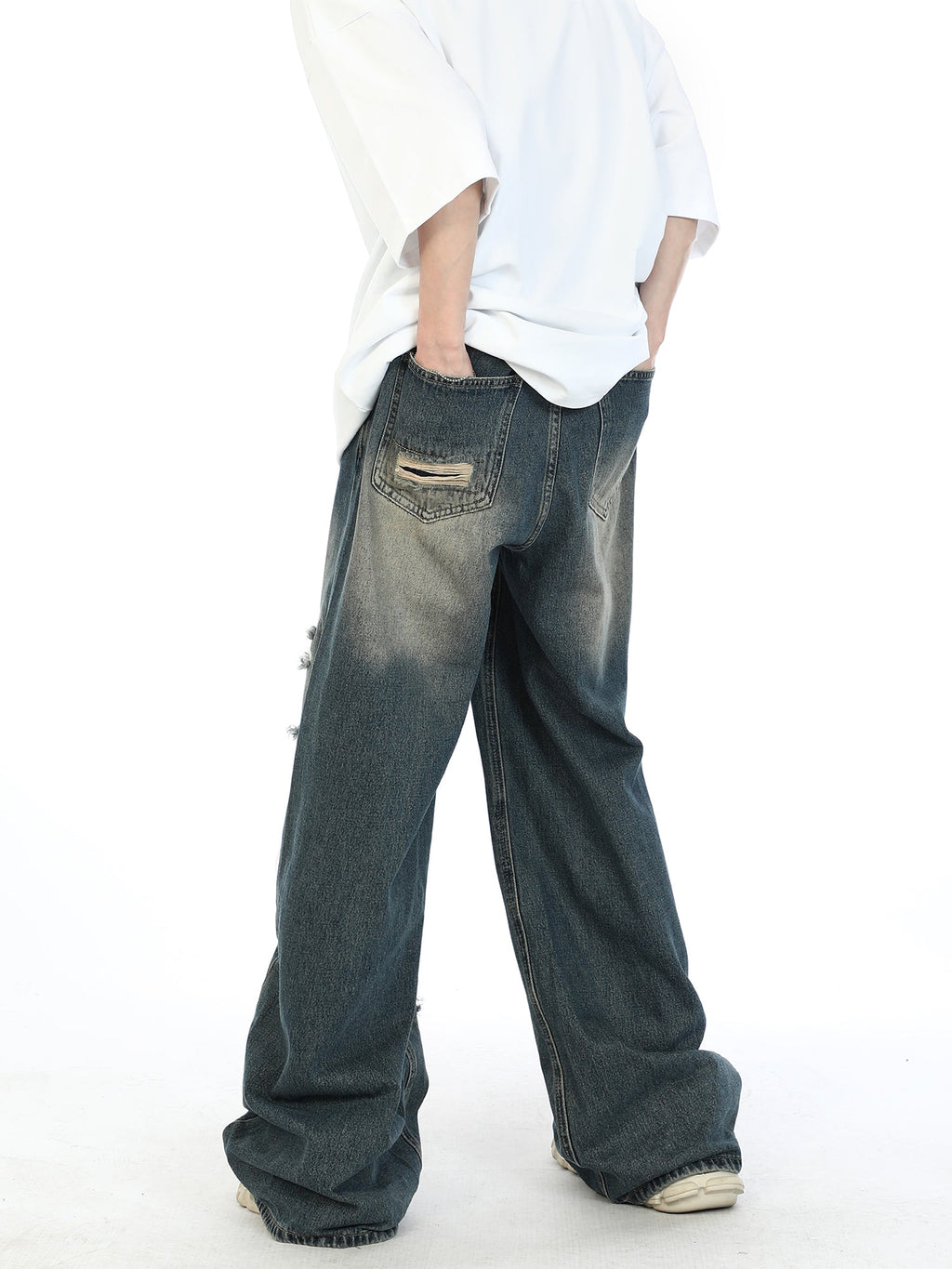 Damage Straight Washed Denim Pants  OR0030