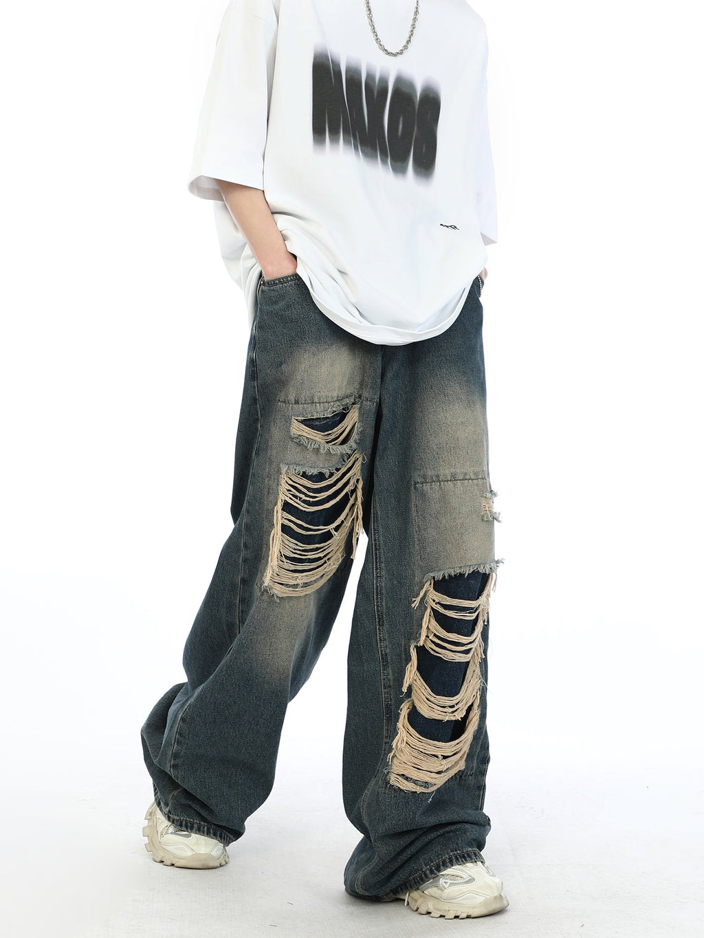 Damage Straight Washed Denim Pants  OR0030